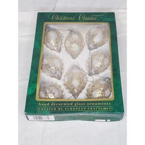 Commodore Christmas Classics Hand Decorated Glass Ornaments Set of 8 Gold White